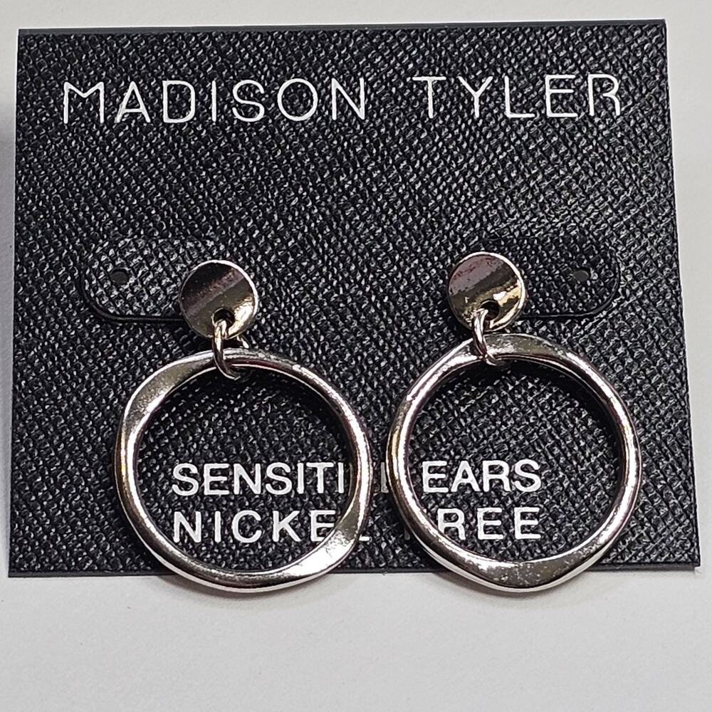 Madison Tyler Drop Circle Hoop Earrings Silvertone Sensitive Ears Nickel Free NW